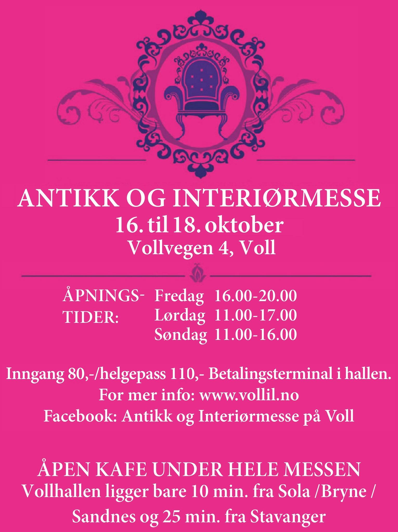 Plakat for antikk og interiørmesse 16.–18. oktober, Vollvegen 4, Voll